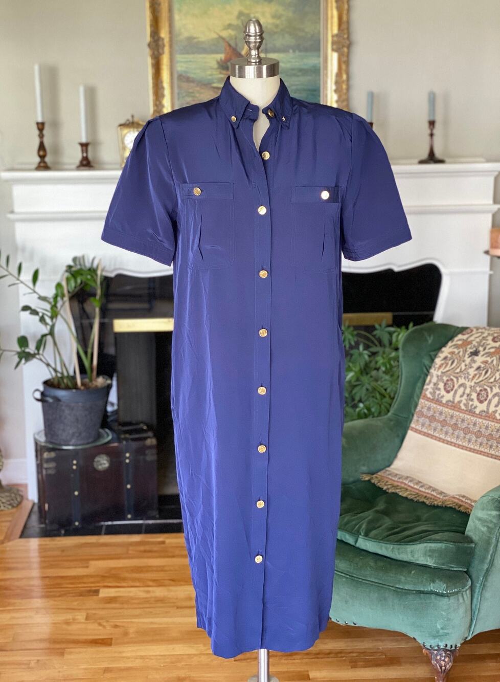 Ms Chaus Vintage 70s Blue Silky Shirt Dress 1977 Penny Buttons M